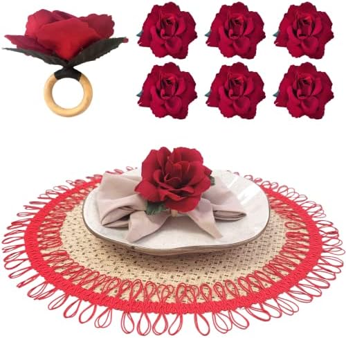 מייסון שרלו | סט של 6 טבעות מפיות של פרח ורד קולומביאנה אדומה | יום האם, האהבה, חתונה, אירוע,